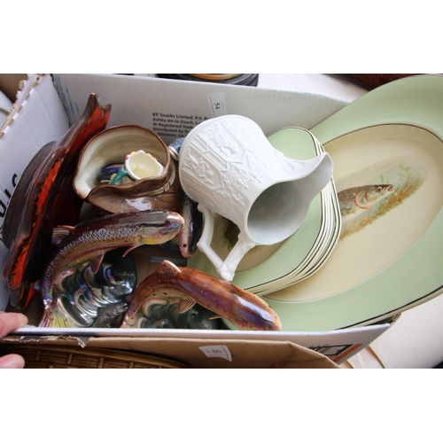 54 - Collection of fish items including plates and decorative ceramic fishes, Toby jugs and others