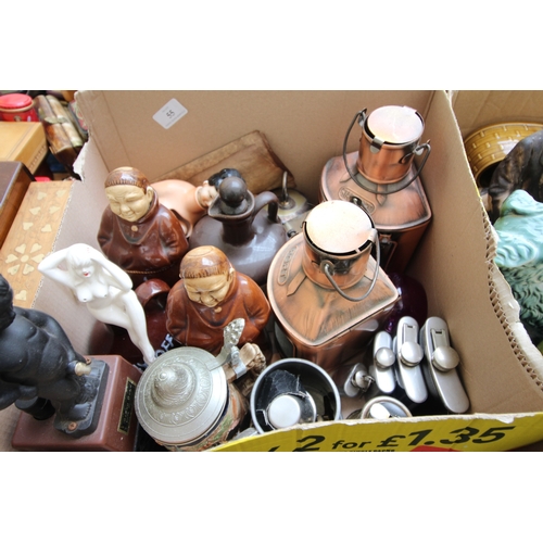 55 - Collection of drink ware including comical mugs with stoppers, hip flasks, cigarette lighter  and ot... 