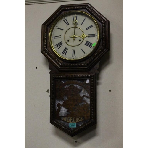 47 - Large Walnut Regulator 8 Day Wall Clock with fretwork front depicting St. George and the Dragon