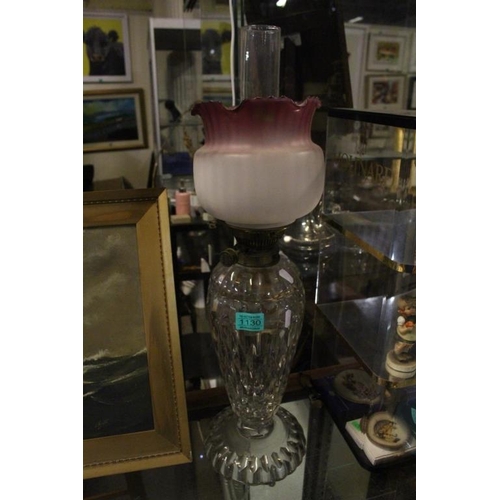 1130 - Cut Glass Oil Lamp with Red Glass Shade