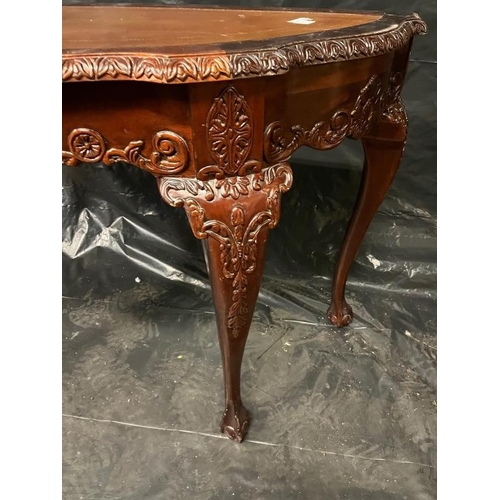 38 - Stylish Mahogany Half Moon Consul Table with inset Leather Top (123cm x 87cm x 58cm)