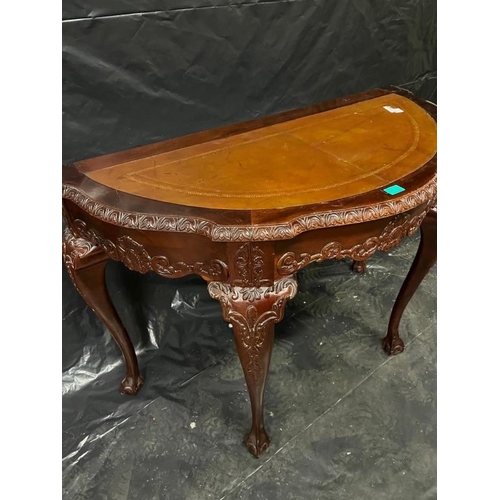 38 - Stylish Mahogany Half Moon Consul Table with inset Leather Top (123cm x 87cm x 58cm)