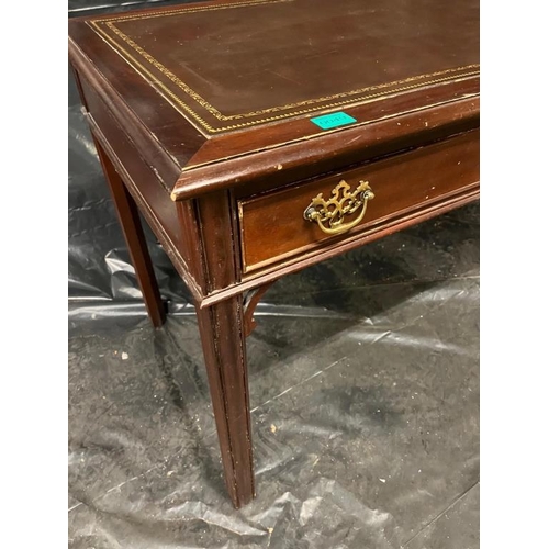 49 - Mahogany Finish 2 Drawer Writing Desk with Tooled Leather Top (120cm x 76cm x 63cm)