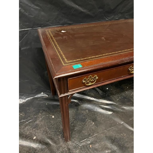 52 - Mahogany Finish 2 Drawer Writing Desk with Tooled Leather Top (120cm x 76cm x 63cm)