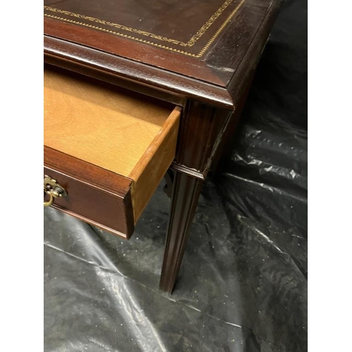 52 - Mahogany Finish 2 Drawer Writing Desk with Tooled Leather Top (120cm x 76cm x 63cm)