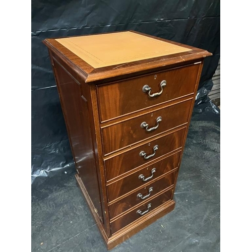 3 Drawered Wooden Filing Mahogany Finish with Tooled Leather Top (55cm x 114cm x 63cm)