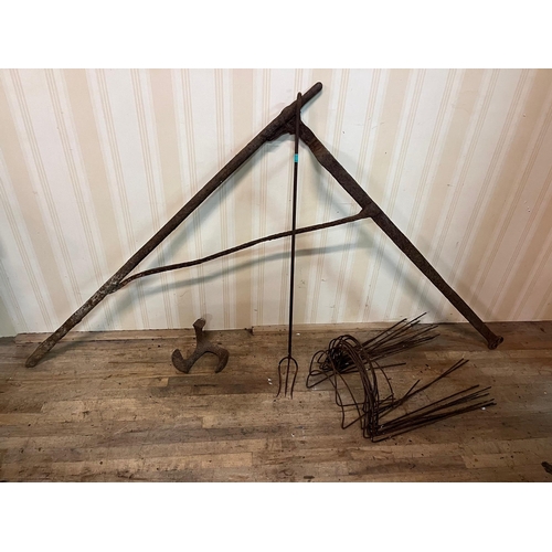 119 - Victorian Forge Iron Fire Crane, Shoe Last, Toasting Fork and Net Stands