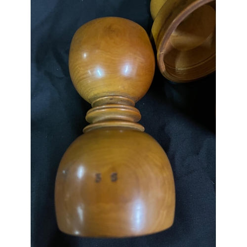 1a - Two Pieces of Antique Treen - Double Ended Measure and a lidded receptable (7cm wide x 10cm high)