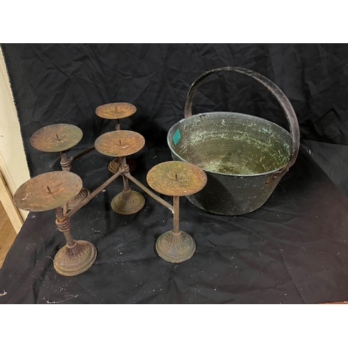 32 - Georgian Copper Preserving Pan and an Adjustable Candlestand