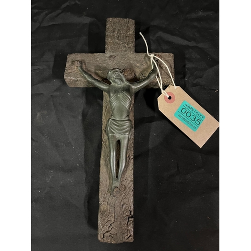 35 - 17th Century Crucifix with Bronze Figure of Jesus (14cm x 17cm)