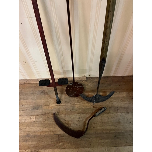 47 - Vintage Hoe, Sickle, Pogo Stick and Chestnut Roaster (Tallest 168cm)