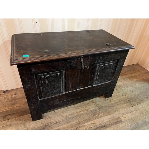 49 - 17th Century Panel Oak Coffer on stile feet with original Lock and Key (92cm x 62cm x 46cm)