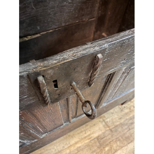 49 - 17th Century Panel Oak Coffer on stile feet with original Lock and Key (92cm x 62cm x 46cm)