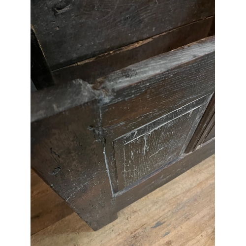 49 - 17th Century Panel Oak Coffer on stile feet with original Lock and Key (92cm x 62cm x 46cm)