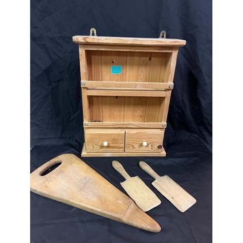 8 - Vintage Pine Wall Cabinet, Cheese Platter and Butter Pats (cabinet 34cm x 42cm x 8cm)