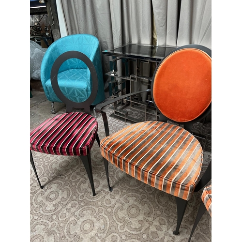 51 - Pair of Metal Oval Back Occasional Chairs  (Variation on Fabric) and an Armchair with  Cushioned Bac... 