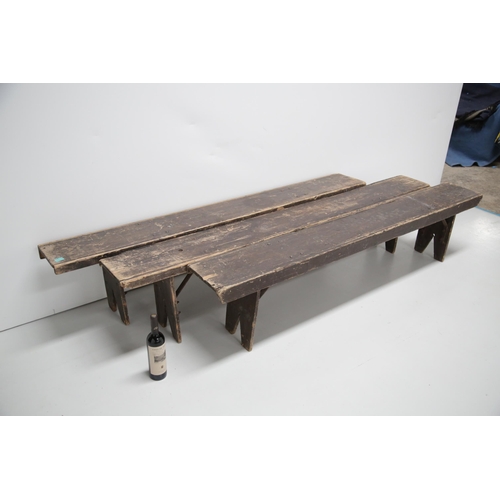 15 - A Set of 3 Pine Benches with V Shaped Legs (195 cm W x 42 cm W x 30 cm D)