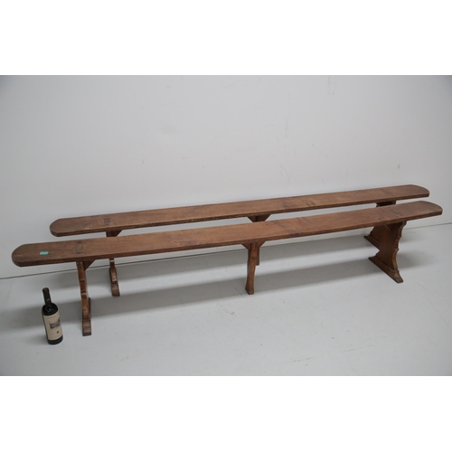 198 - Pair of Antique Continental Walnut Benches with Single Centre Leg (253 cm W x 40 cm H x 30 cm D)