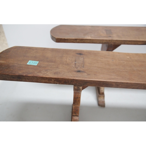 198 - Pair of Antique Continental Walnut Benches with Single Centre Leg (253 cm W x 40 cm H x 30 cm D)