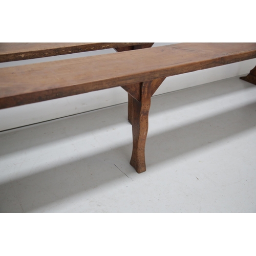 198 - Pair of Antique Continental Walnut Benches with Single Centre Leg (253 cm W x 40 cm H x 30 cm D)