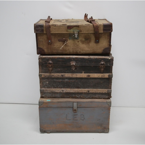 24 - 3 Antique Trunks, One Bearing Initials LEB, Canvas Suitcase (70 cm W x 46 cm H x 40 cm D)