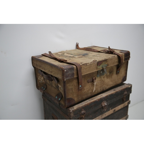 24 - 3 Antique Trunks, One Bearing Initials LEB, Canvas Suitcase (70 cm W x 46 cm H x 40 cm D)