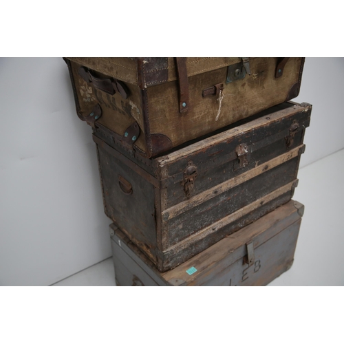 24 - 3 Antique Trunks, One Bearing Initials LEB, Canvas Suitcase (70 cm W x 46 cm H x 40 cm D)