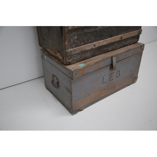 24 - 3 Antique Trunks, One Bearing Initials LEB, Canvas Suitcase (70 cm W x 46 cm H x 40 cm D)