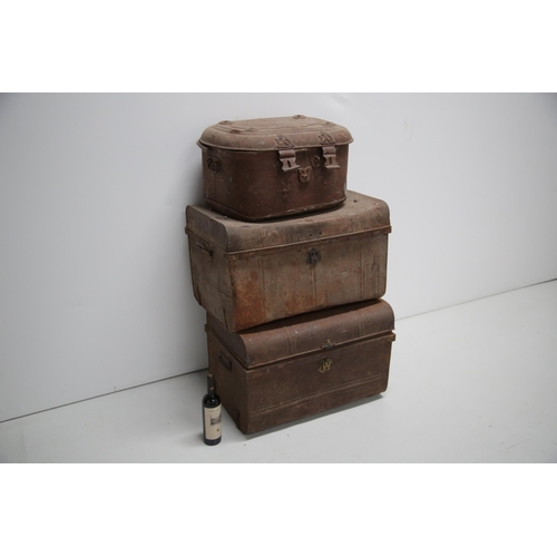 25 - 3 Metal Antique Trunks (72 cm W x 50 cm H x 46 cm D)