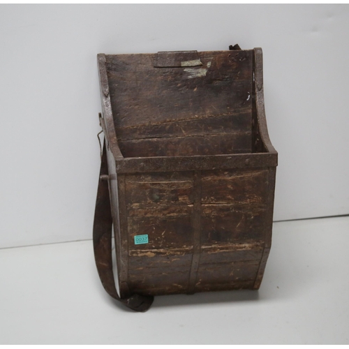 37 - Antique Pine Metal Bound Back Carry Seed Thrower (47 cm W x 70 cm H x 30 cm D)