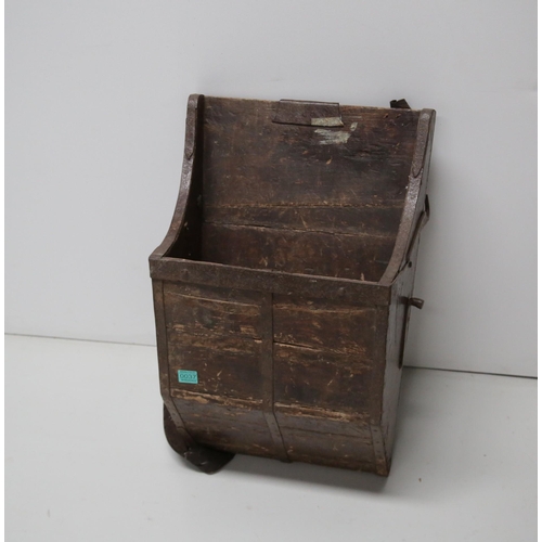 37 - Antique Pine Metal Bound Back Carry Seed Thrower (47 cm W x 70 cm H x 30 cm D)