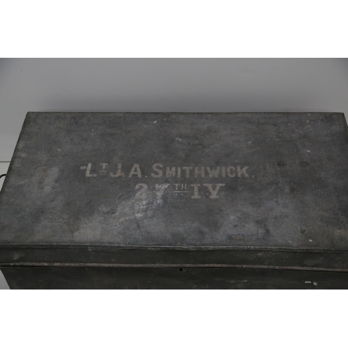 41 - Antique Metal Trunk, J.A Smithwick 27th IV (93 cm W x 33 cm H x 48 cm D)