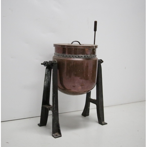 76 - Antique Copper and Wrought Iron Jam Kettle (75 cm W x  115 cm H x 50 cm D)