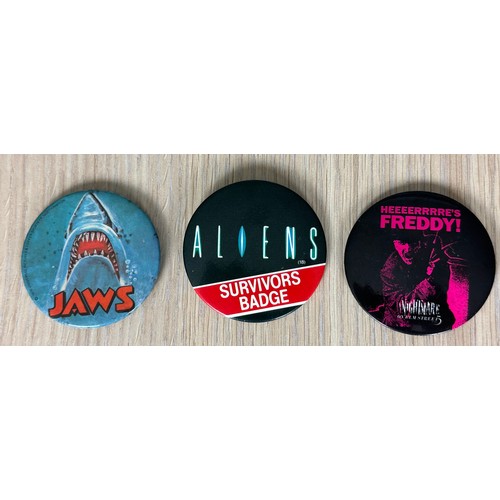 277F - 3 x Vintage 70's/80's Rare Movie related Original Pin Badges. All 6 cm diameter. Featuring Jaws, Ali... 