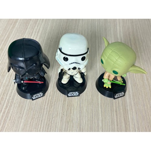 234 - 3 x STAR WARS FUNKOPOP Figures. Darth Vader, Stormtrooper and Yoda. No Boxes.