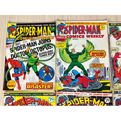 375 - SPIDERMAN UK COMICS WEEKLY. #50, 65, 85 - 95. 
13 Comics in total 1974 onwards.