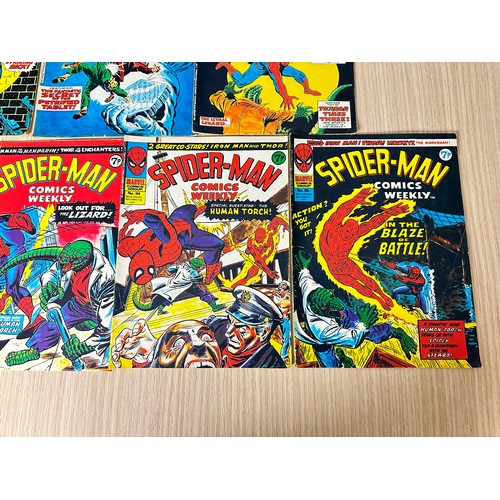 375 - SPIDERMAN UK COMICS WEEKLY. #50, 65, 85 - 95. 
13 Comics in total 1974 onwards.