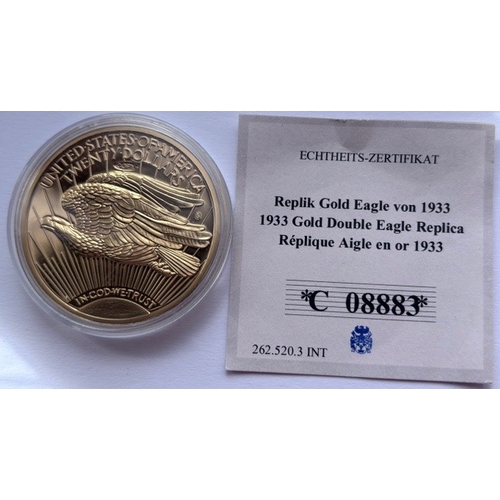 1 - 2002 Cu Gold Plated Proof Medallion, 1933 Gold Double Eagle Replica, Diameter 40mm, Weight 32g, COA