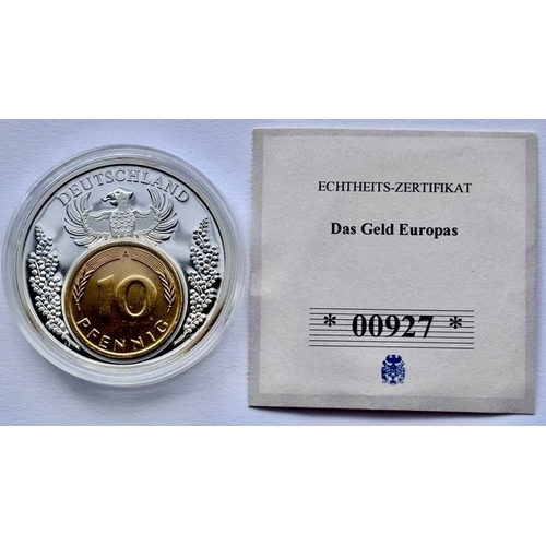 6 - 1997 Cu Silver and Gold Plated Proof Medallion, European Currencies, Germany, Diameter 40mm, Weight ... 