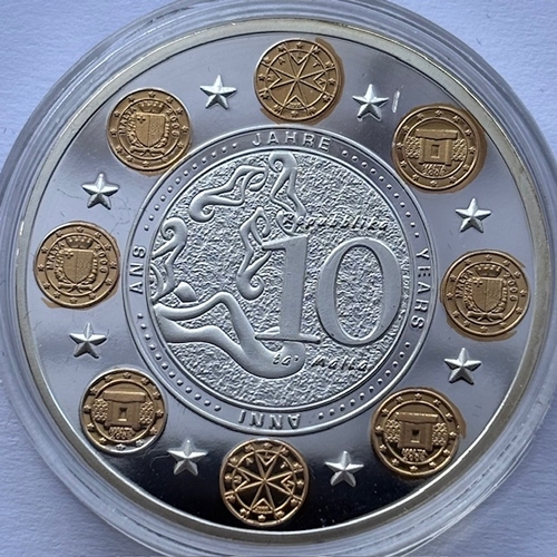9 - 2014 set of five Cu silver & gold plated Medallions, 10 Years of the Euro, France, Belgium, Greece, ... 