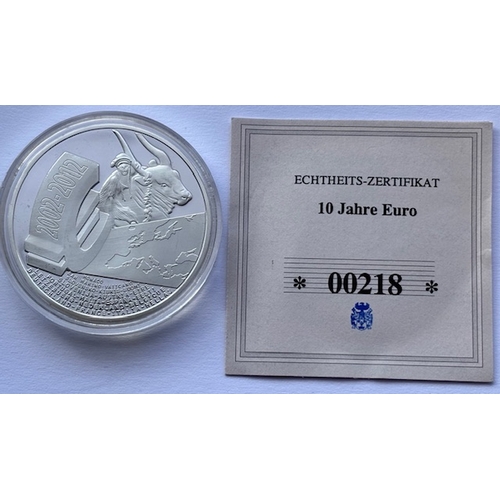 9 - 2014 set of five Cu silver & gold plated Medallions, 10 Years of the Euro, France, Belgium, Greece, ... 