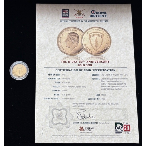 14 - 2024 9-carat Gold Proof One Pound Coin, D-Day 80th Anniversary, Diameter 22mm, Weight 2.75g, COA