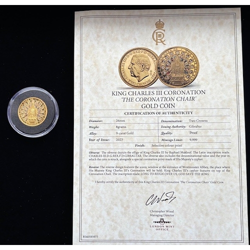 16 - 2023 9-carat Gold Proof Two Crown Coin, King Charles III Coronation The Coronation Chair, Selective ... 