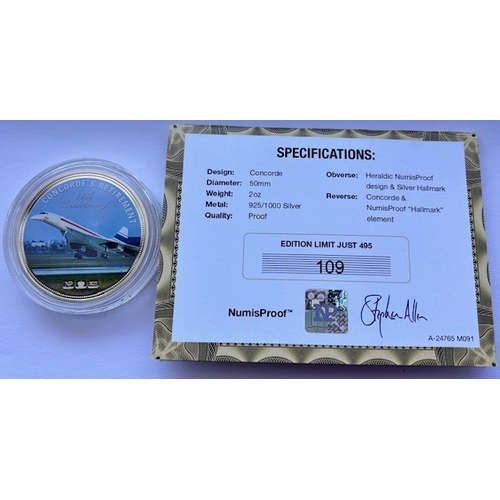 249 - 2013 Solid Silver Proof Concorde 10th Anniversary Commemorative Medallion,.925 Silver with colour pr... 