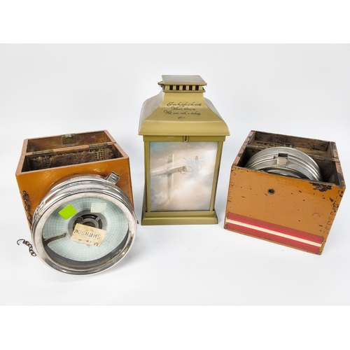 19 - Two Automatic Timing Clock Co. Limited pigeon clocks and a lamp