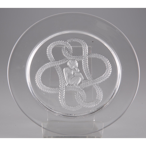 2 - LALIQUE, A GLASS DISH, etched with central figure of a crouching girl within a knot motif, inscribed... 