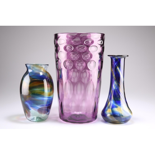 20 - A RICHARDSONS AMETHYST OPTIC GLASS VASE, flared cylindrical form with dimpled decoration, acid mark ... 