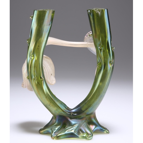 31 - KRALIK, AN EARLY 20TH CENTURY SECESSIONIST GLASS BUD VASE, two green iridescent glass stems to a nat... 