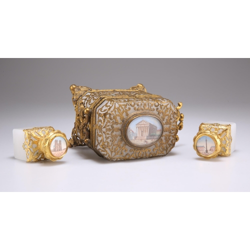 36 - A CONTINENTAL GILT-METAL MOUNTED OPALINE GLASS SCENT BOTTLE CASKET, 19TH CENTURY, canted rectangular... 