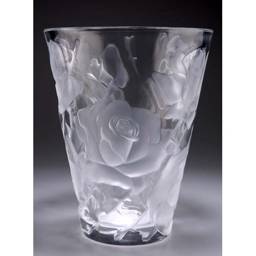 4 - LALIQUE, A LARGE GLASS VASE, the tapering cylindrical body moulded and frosted with roses, etched ma... 